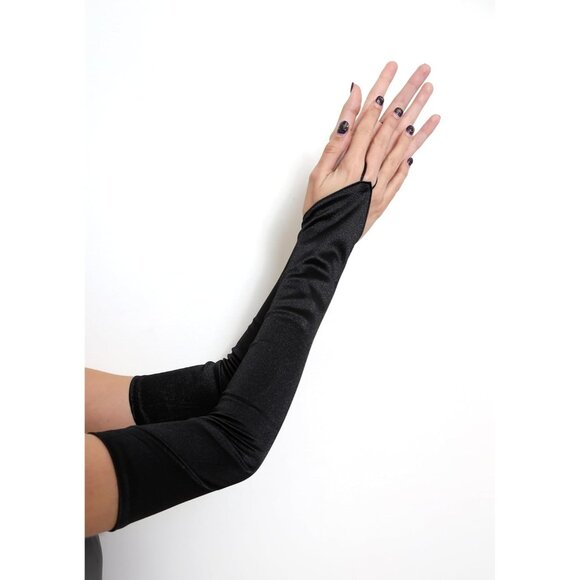 Women's Beautiful Black Long Satin Finger Loop Gloves Bridal Part Prom - Picture 2 of 4